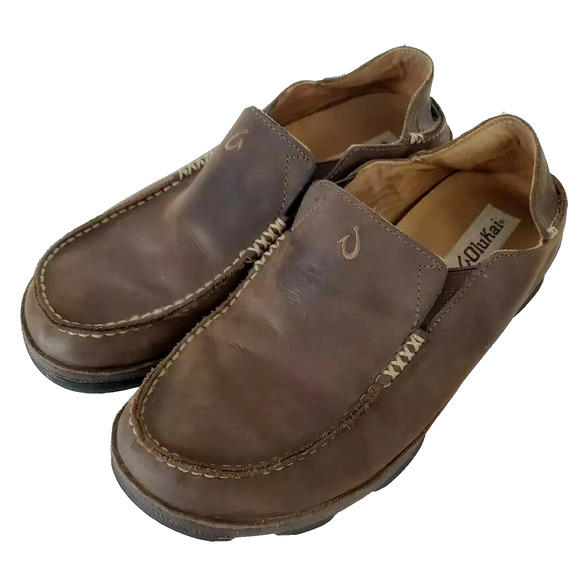 OluKai (Mens Size 8.5) Moloa Casual Slip On Loafers Shoes Dark Brown Leather‎ - Picture 1 of 8